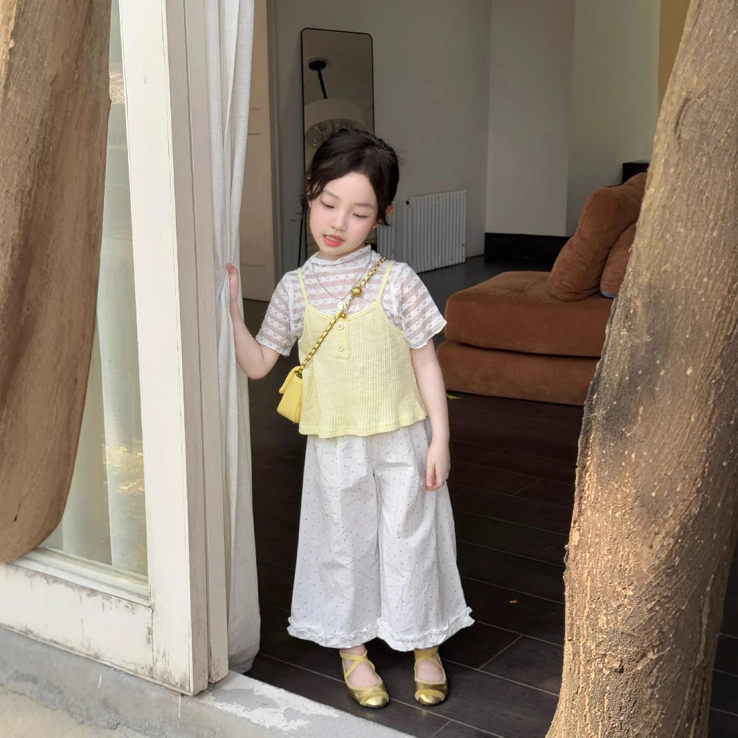 大橙子Studio女童2025夏新款女宝宝吊带蕾丝T恤波点花边裤子套装