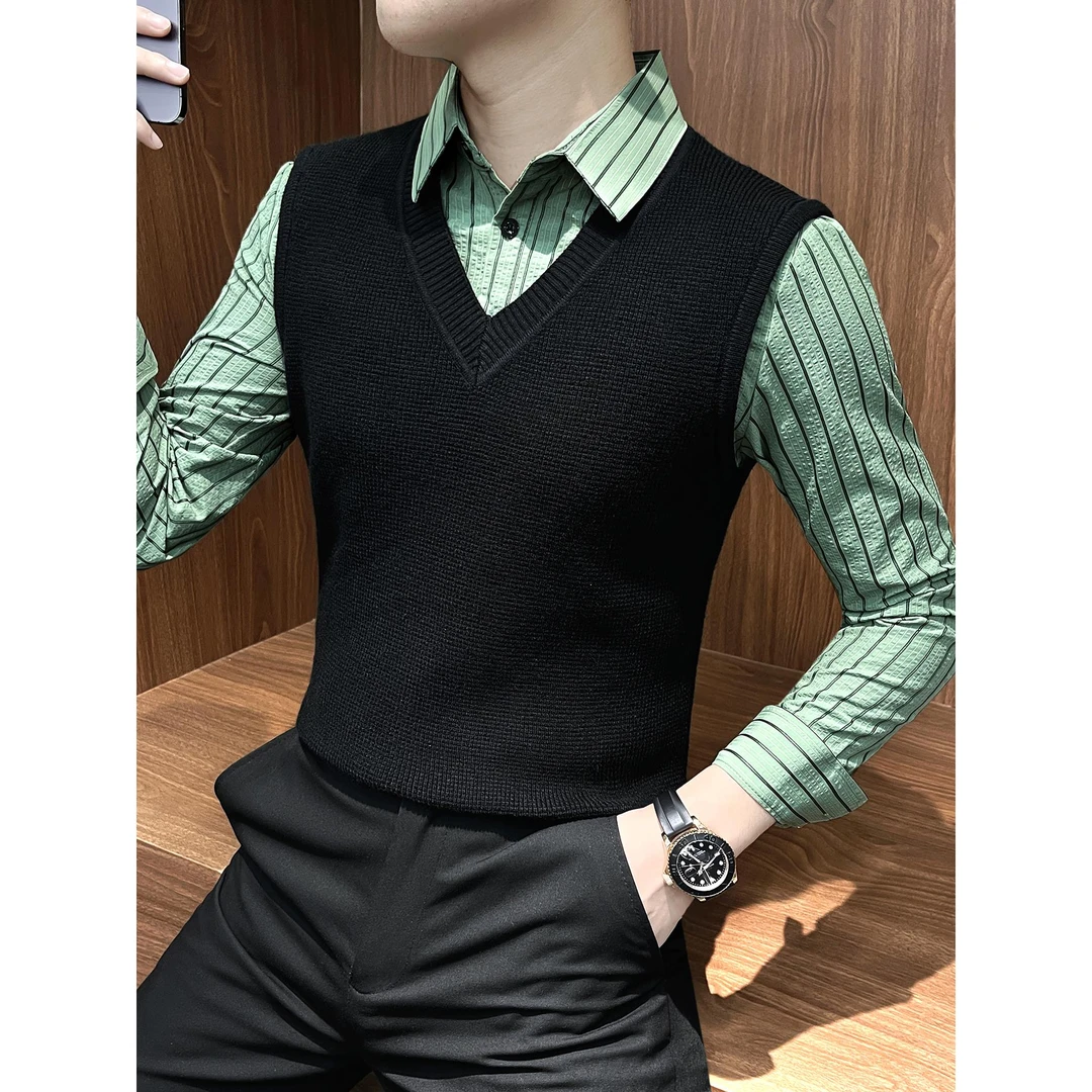 假两件衬衫男2025新款秋冬季高级感针织衫打底衫痞帅内搭长袖毛衣