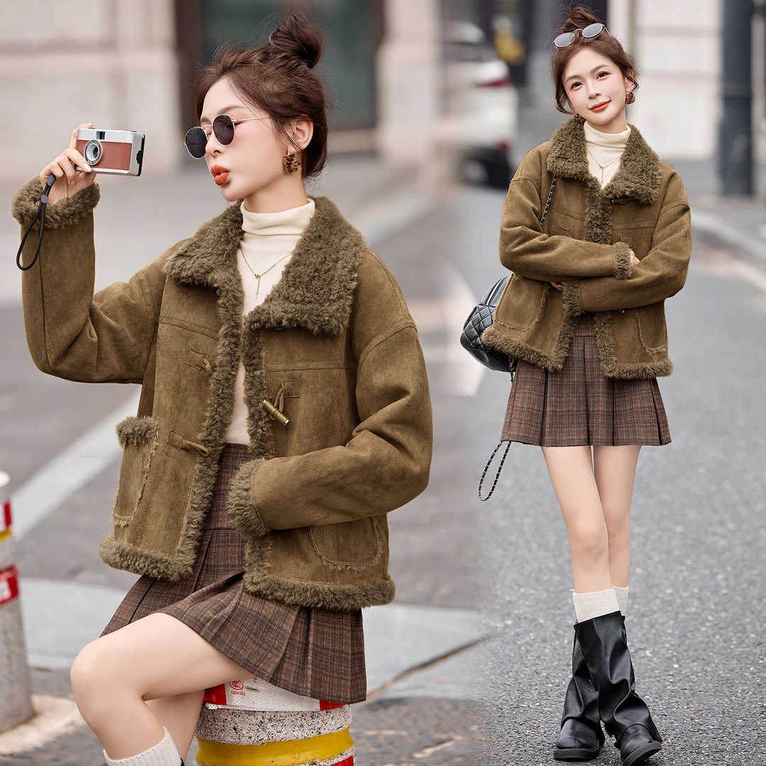复古休闲麂皮绒羊羔毛短外套女2025冬季新款保暖百搭皮毛一体棉服
