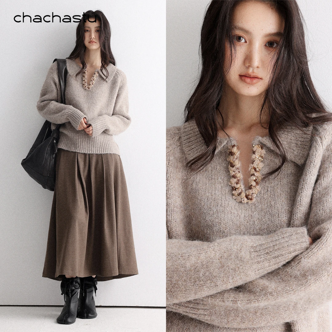 CHACHASTU软糯百搭紫色V领加厚毛衣小个子显瘦保暖套头上衣XX6140
