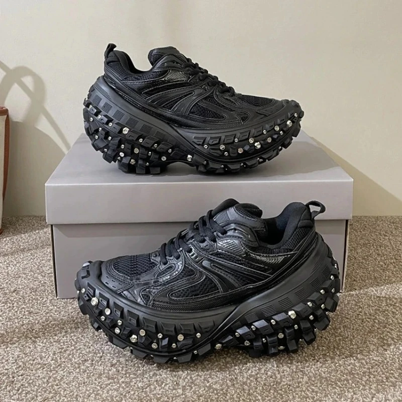 增高8cm顶版欧货铆钉大轮胎鞋女厚底增高老爹鞋坦克榴莲男鞋潮