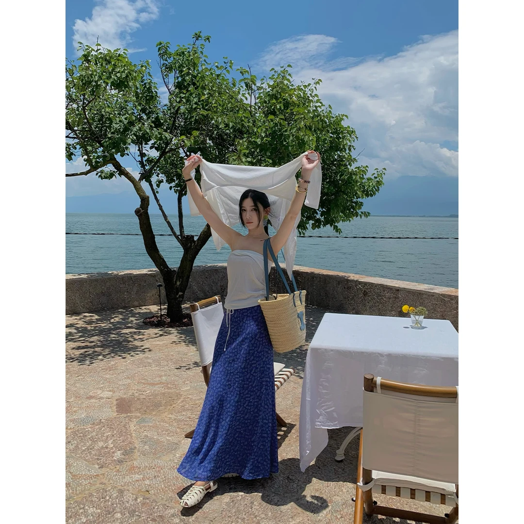 70不是七十【海岛假日】夏季雪纺鸡蛋花低腰长款荷叶边半身裙