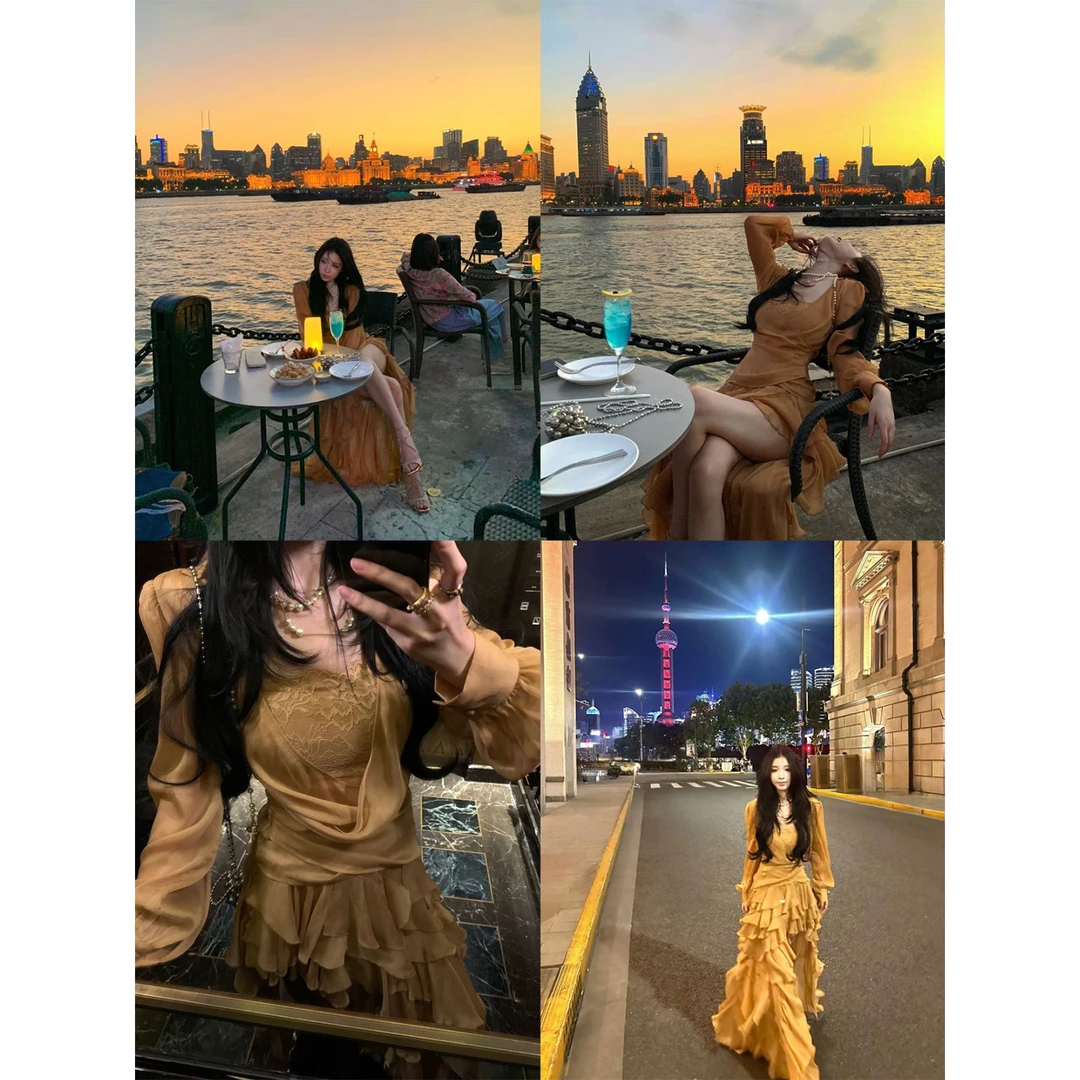 FuunJ 贵女黛芙妮荡领雪纺衫套装女蕾丝吊带荷叶百褶半身裙三件套