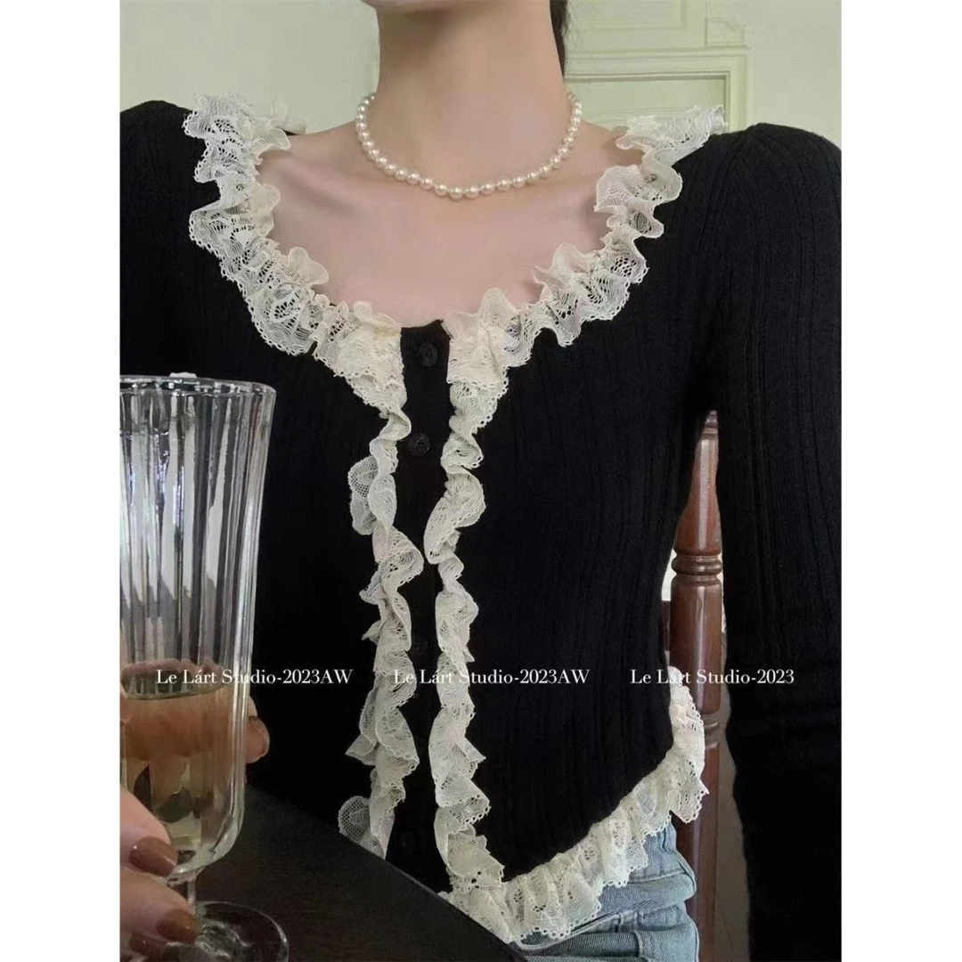 LELART镂空上衣纯欲风圆领木耳边针织开衫秋新款显瘦短款花边毛衣