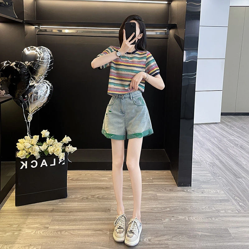 小个子休闲套装女夏装搭配一整套条纹针织上衣搭配牛仔短裤两件套
