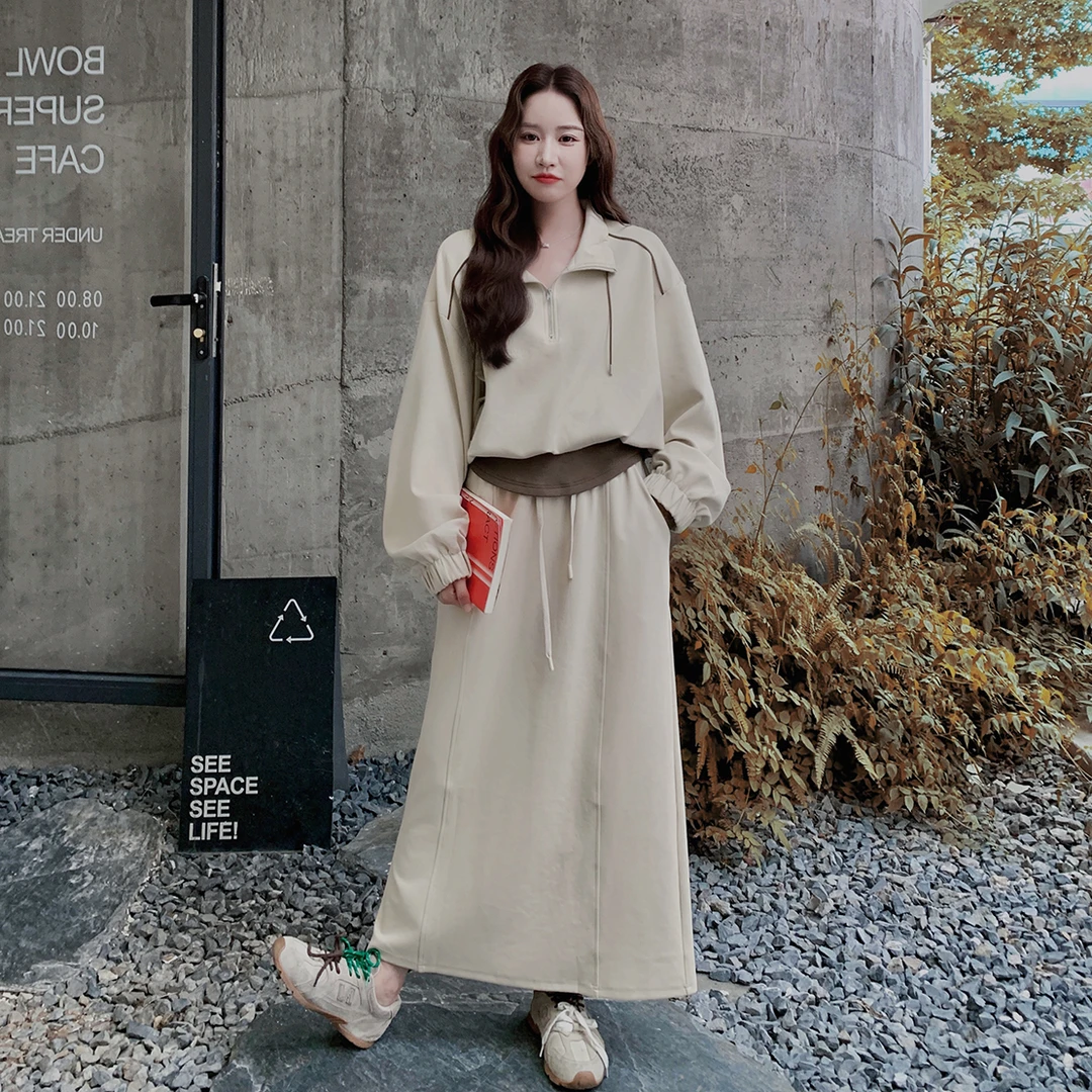 米杏色休闲运动套装裙女秋季2025新款韩系假两件卫衣半身裙两件套