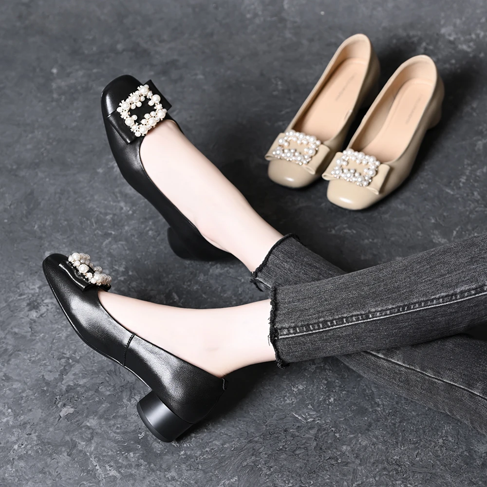 真皮羊皮浅口单鞋女2025夏季新款气质百搭珍珠扣一脚蹬软底豆豆鞋