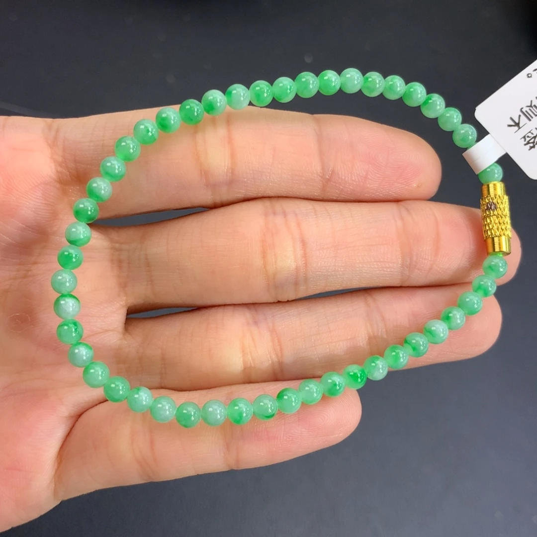 翡翠未镶嵌手串卡3.7胶润飘绿花小米手串