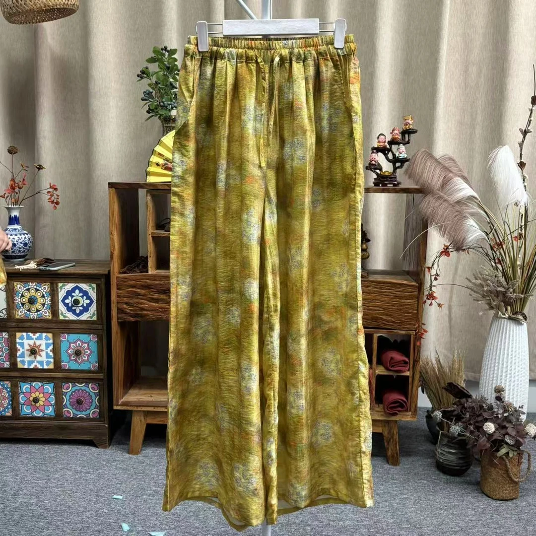 花璟与麻原创设计天丝5D印花阔腿裤（裤长94臀围150腰围70-112）