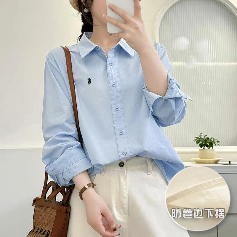 「100%棉  磨毛厚款」防卷边纯棉秋季衬衫女百搭休闲纯色衬衣刺绣款