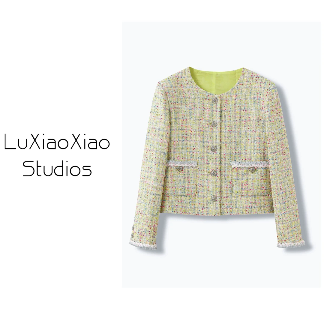 小香24C春装新款黄色粗花呢编织长袖短款外套女733