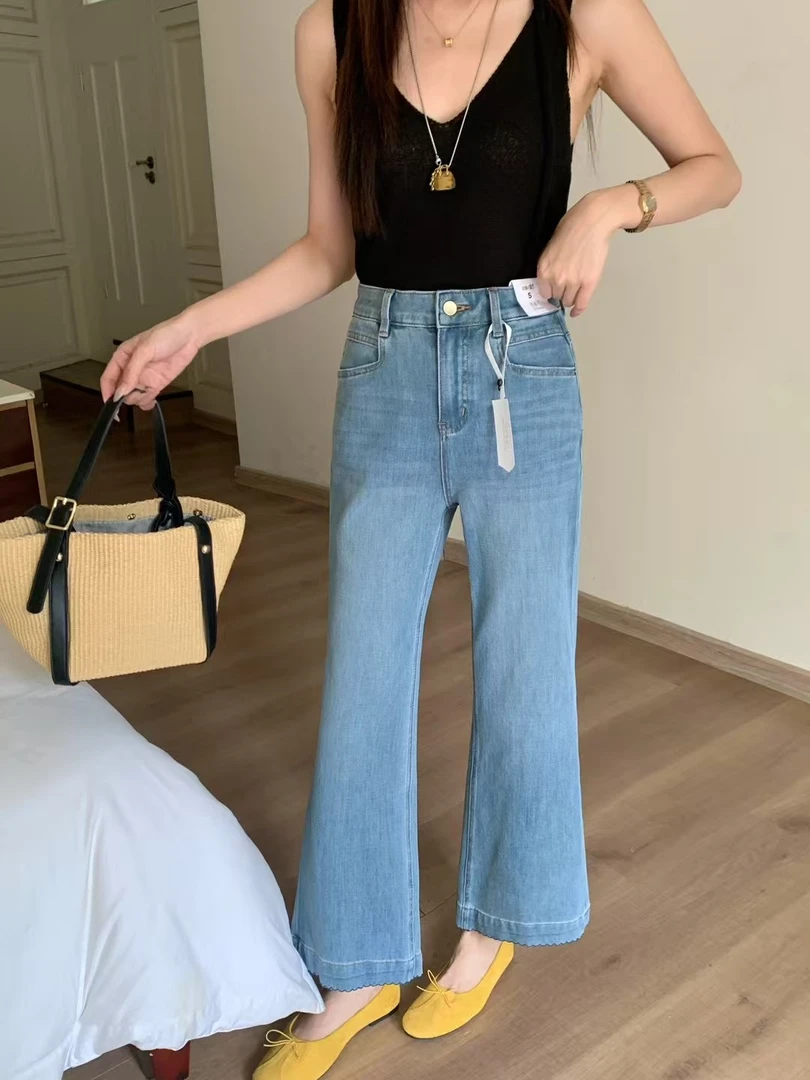 蹦极四面弹！花边刺绣夏款窄版小直筒九分裤弹力显瘦显腿长牛仔裤