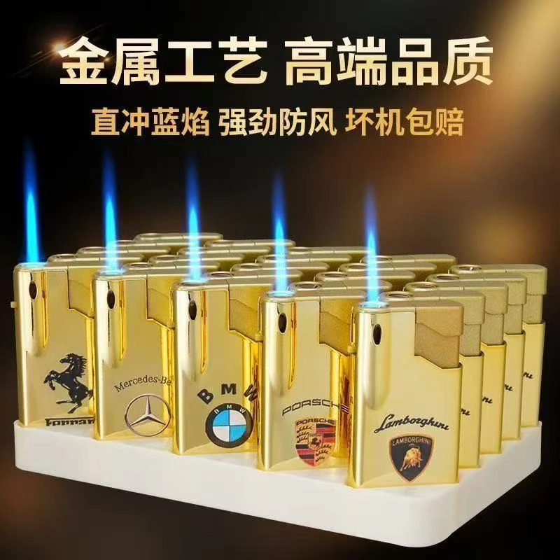 网红款新款土豪金车标蓝焰防风直冲可充气耐用创意打火机可印字