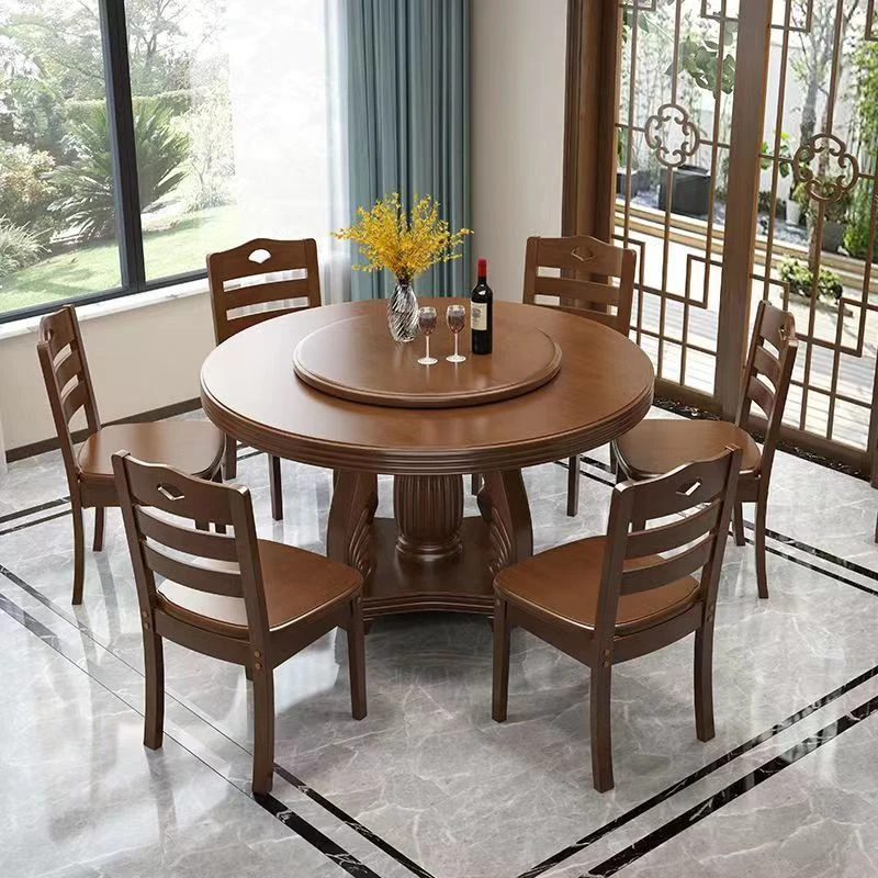 新中式实木圆餐桌餐椅组合家用圆形吃饭桌带转盘饭店酒店大圆桌子
