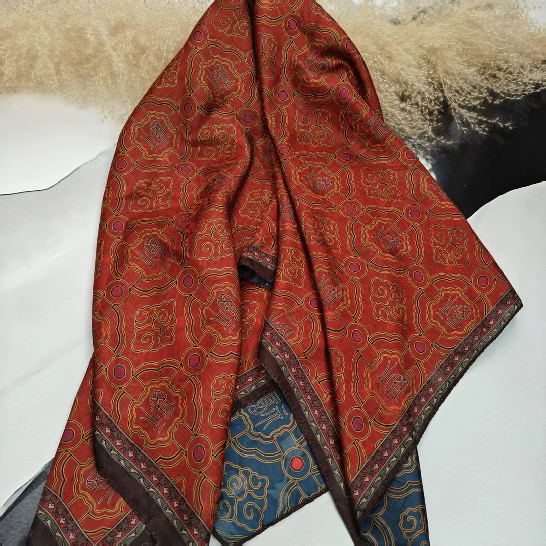 新款【福寿康宁】90*90重磅桑波缎高货重磅国风高端丝巾-K15