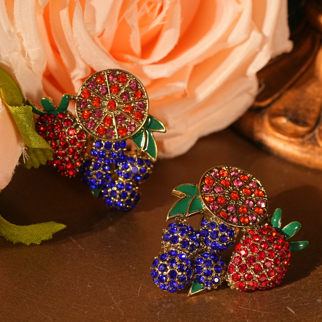 铜合金耳饰 【8573】耳钉 水果满钻彩色重工个性