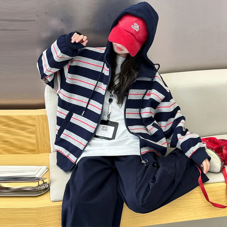 女连帽拉链B类开衫洋气童装休闲普通外套条纹秋季中大童宽松