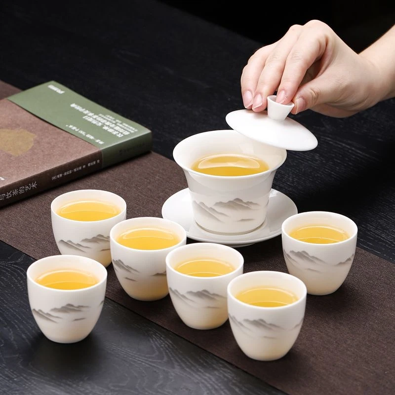 水墨山水盖碗羊脂玉瓷茶具套装家用泡茶器羊脂玉德化功夫茶具套装