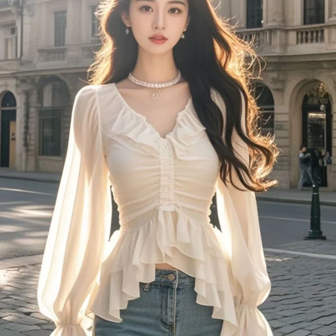独特薄款2025女款女装上衣雪纺开衫外套褶皱收腰显瘦小众纯欲系