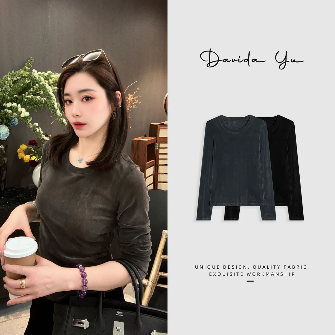 Davida Yu【微透】2025春季新款丝绒显瘦气质时尚百搭上衣RT816