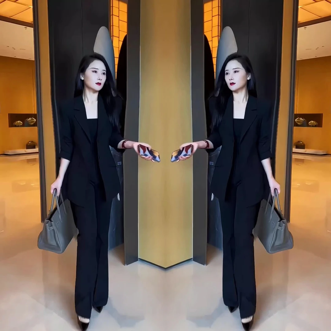 大码女装胖mm秋季新款洋气时尚西装套装修身西服上衣微喇裤两件套