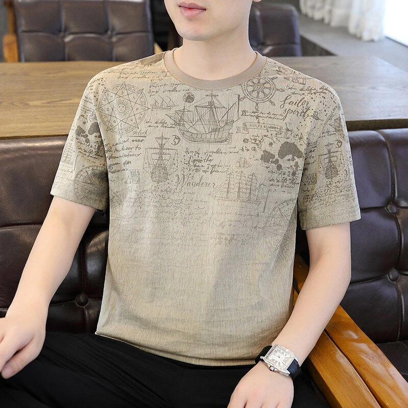 2025夏季男士国潮青年棉麻冰丝圆领短袖T恤潮流百搭薄款半袖1553