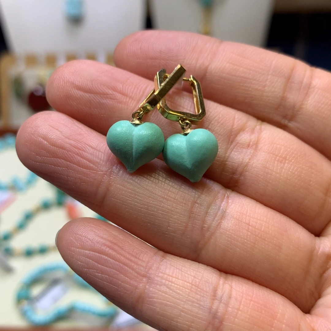 天***眯绿松石18K金镶嵌耳扣