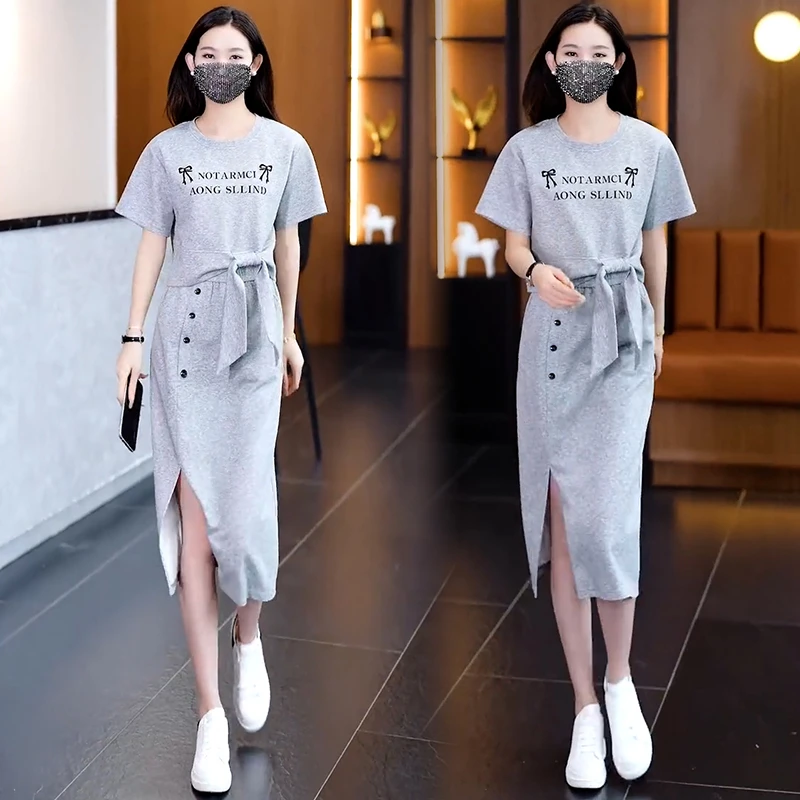 高含棉时尚简约套装女2025夏季新款百搭显瘦小个子上衣长裙两件套