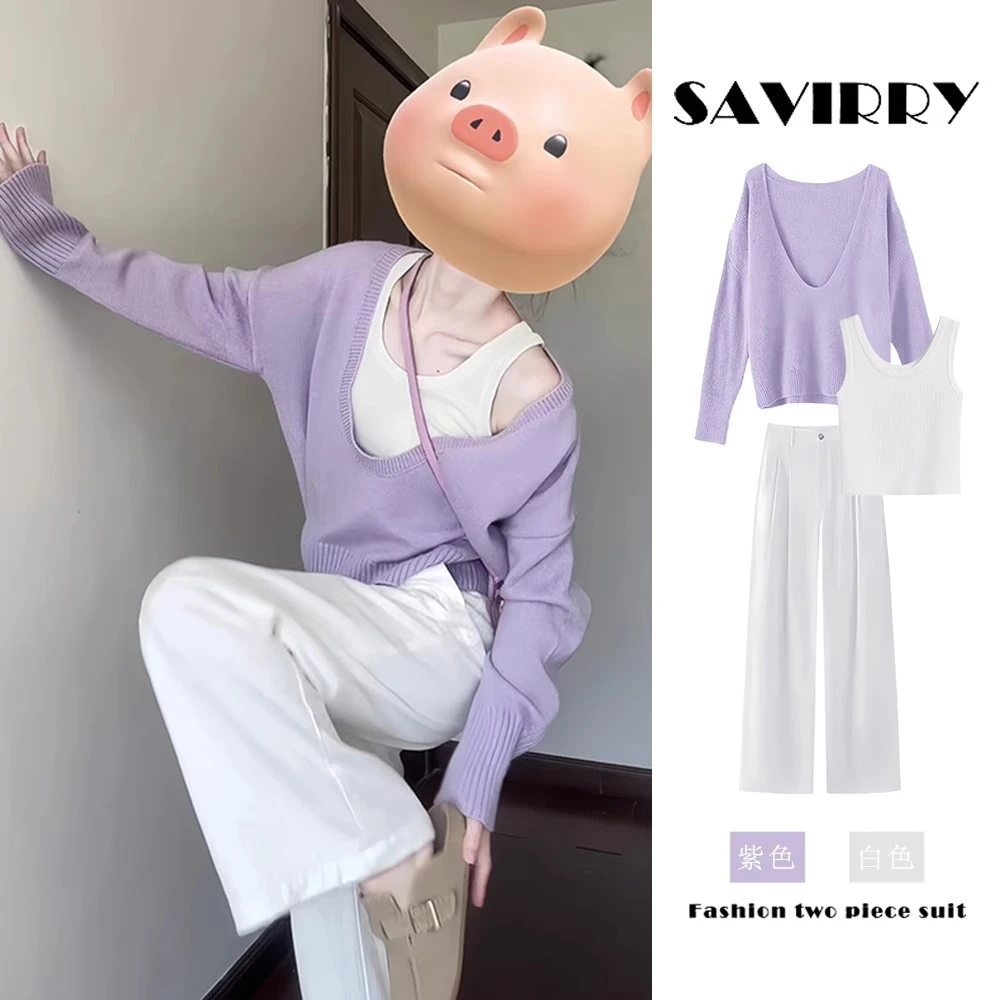 秋季流行穿搭2025新款韩版小众设计大V领针织衫上衣阔腿裤两件套