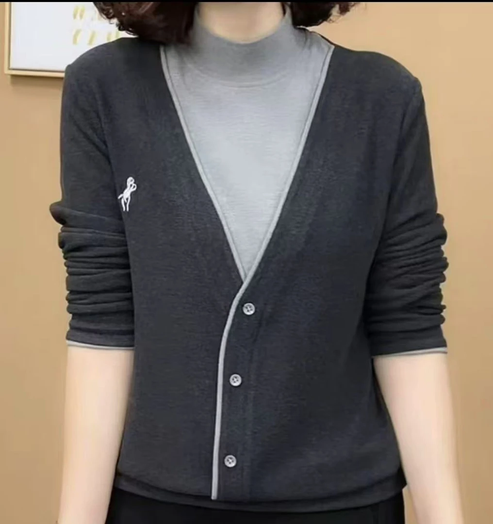 德绒长袖T恤女秋冬新款假两件半高领刺绣时尚减龄保暖女士打底