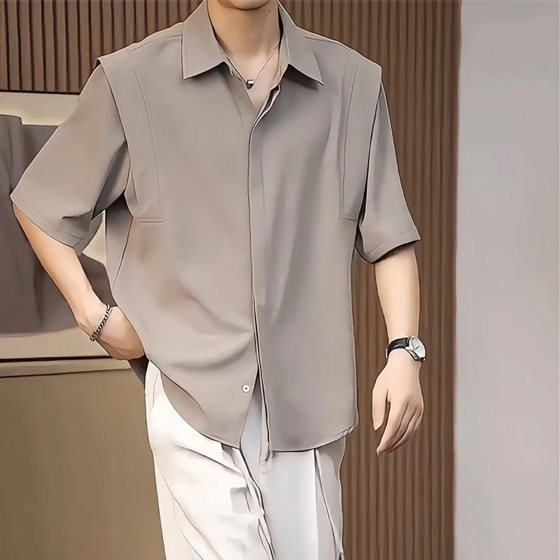 300斤加大码高级垂感冰丝短袖衬衫男士装夏季半袖韩版纯色衬衣2