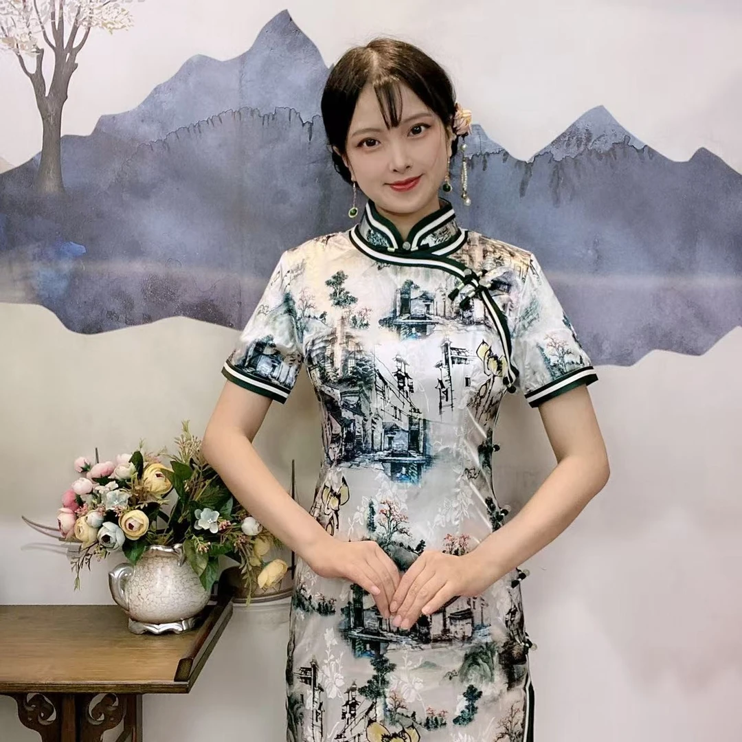 157  修身气质 三边 日常改良  双层清明上河图 宽边绿色旗袍