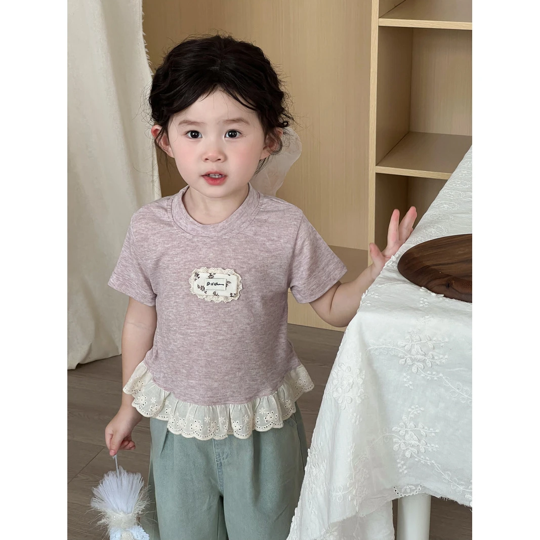 2025夏季新品韩版女童蕾丝花边T恤儿童公主时髦短袖上衣T恤
