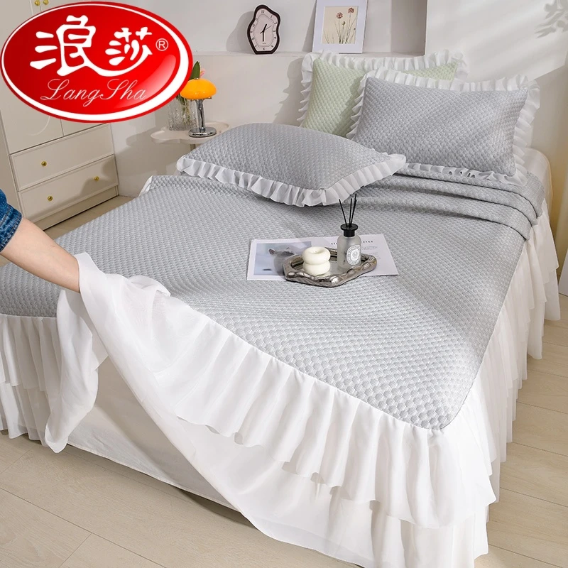 浪莎新款夏季高端豆豆冰丝凉席三件套夏天家用可机洗床裙款软席子