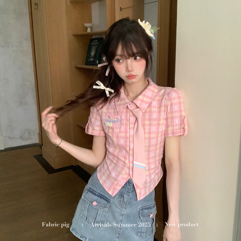 桃汽少女 织物猪原创 学院风粉色格子衬衫女夏季修身显瘦牛仔短裙