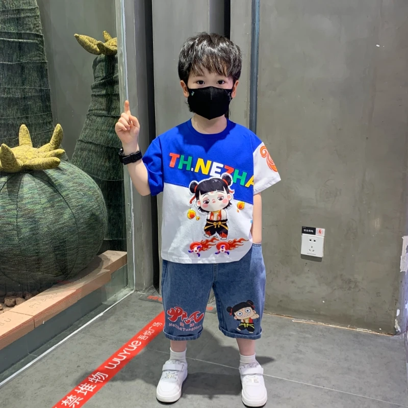 男童夏装哪吒款短袖套装2025夏季儿童衣服潮帅男孩牛仔韩版两件套