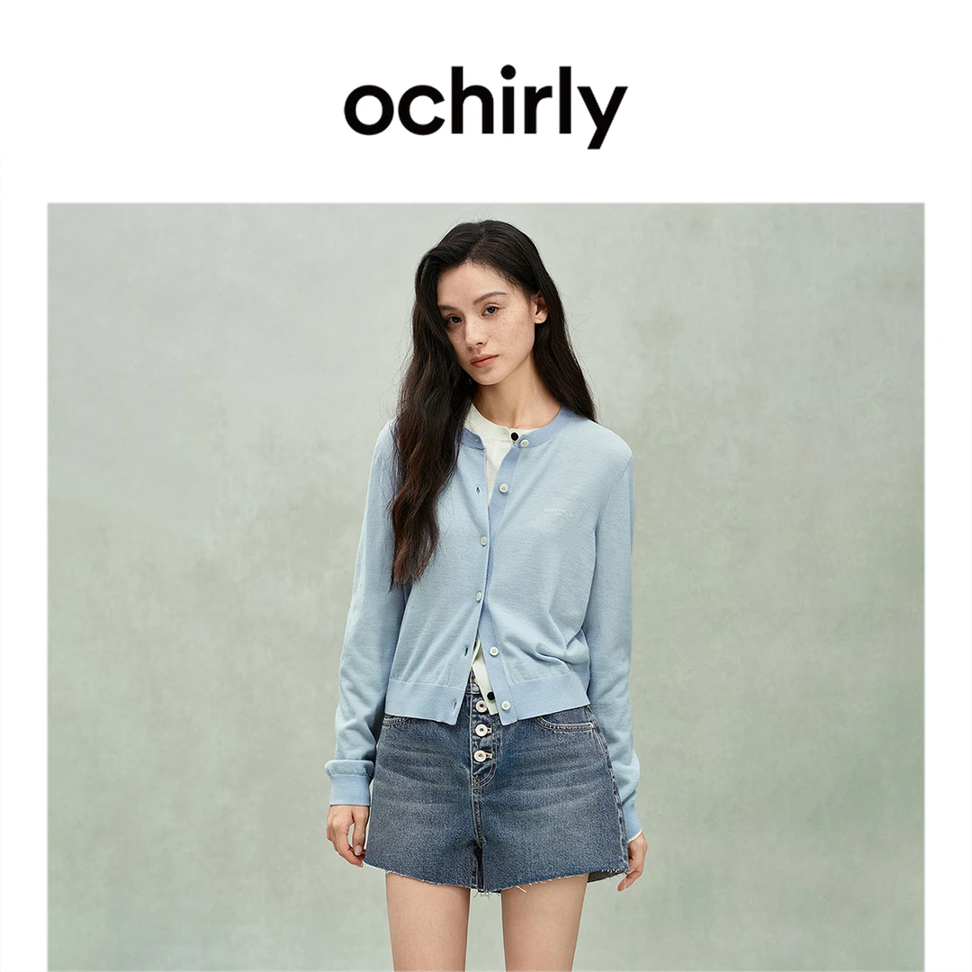 OCHIRLY欧时力 100%羊毛轻薄针织外套女开衫上衣印花2025夏季新品