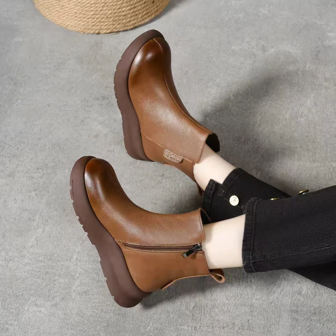 牛皮软底软面2025年中跟秋冬休闲圆头厚底女鞋马丁靴女瘦瘦靴平底