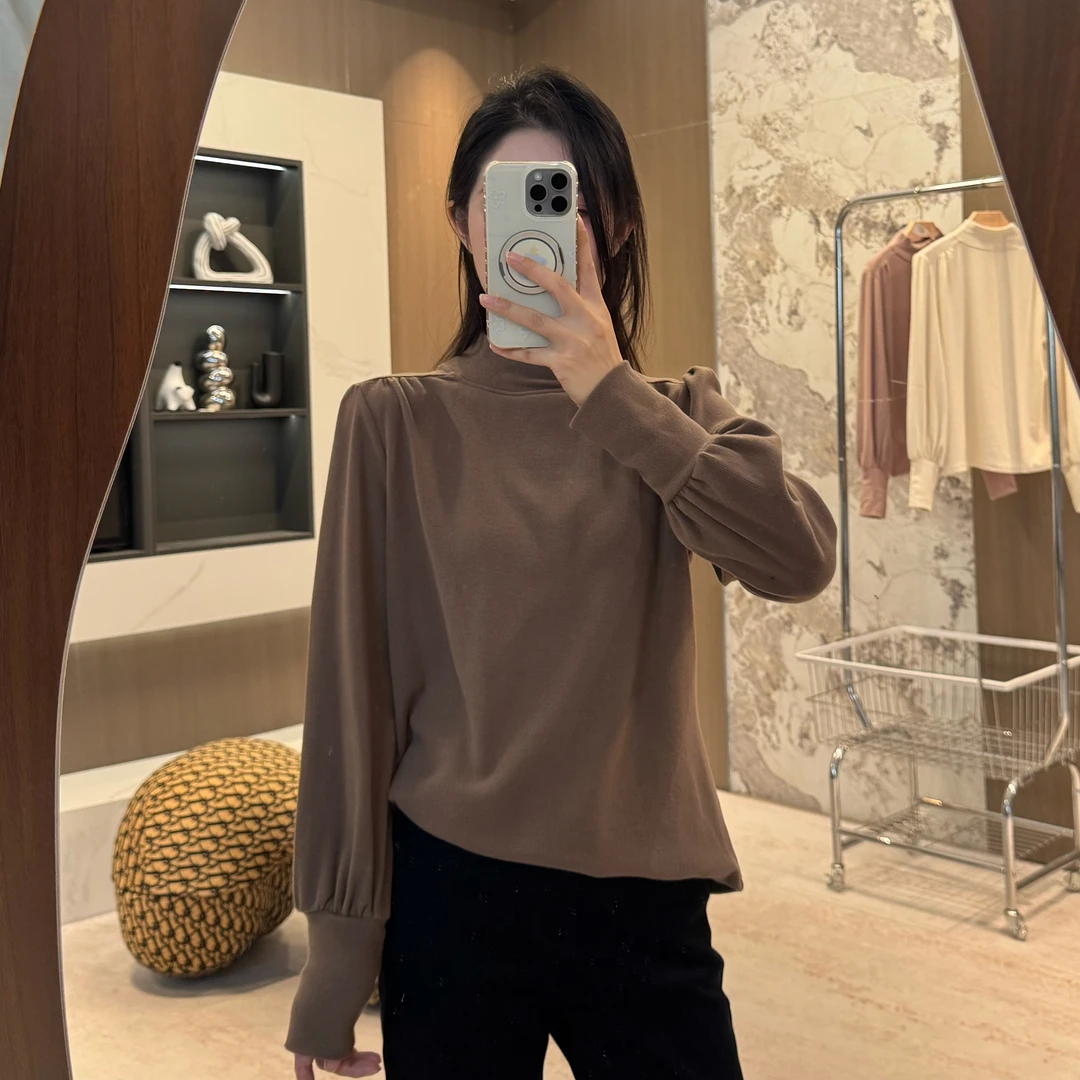 宿慕SUMU 软糯舒适泡泡袖立领打底衫 10-2新款磨毛套头上衣6028