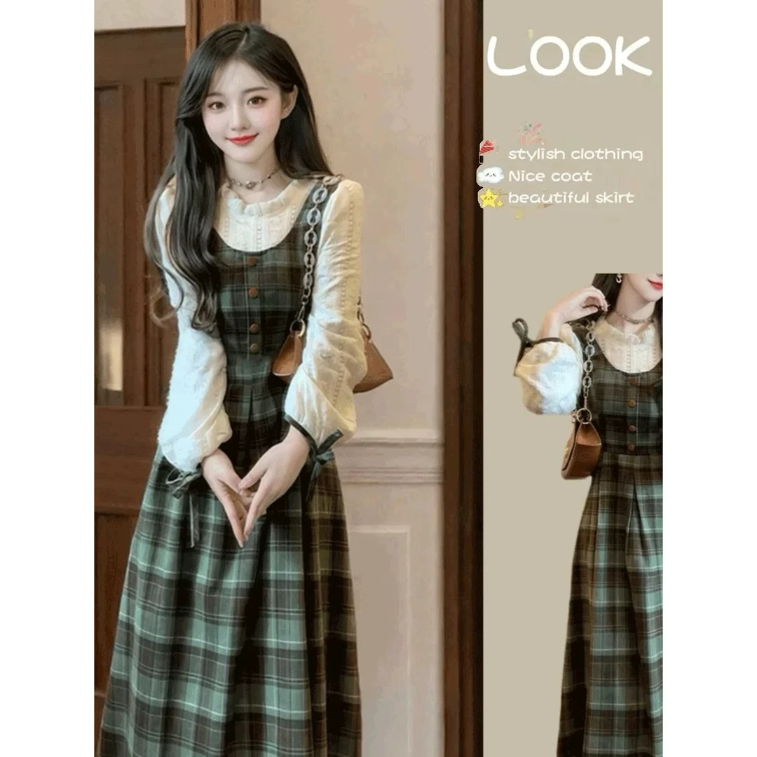 森系复古假两件泡泡袖连衣裙2025秋冬收腰显瘦拼接洋气长裙女2051