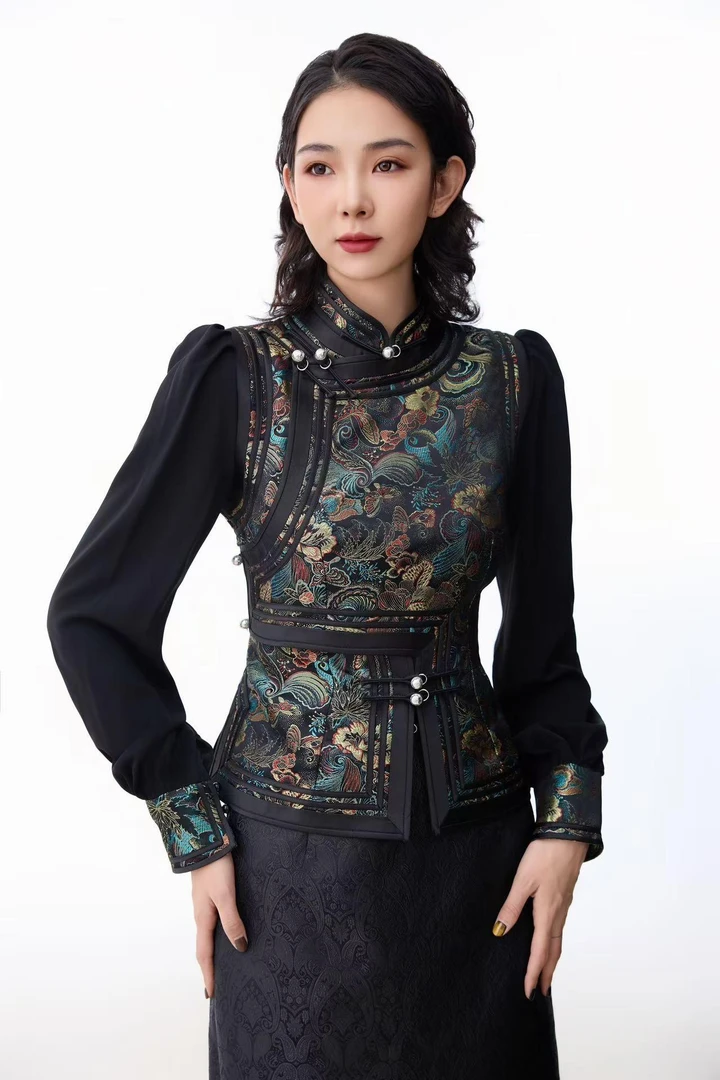 民族风元素提花缎面纱袖马夹百搭显瘦款马甲女士高端服饰