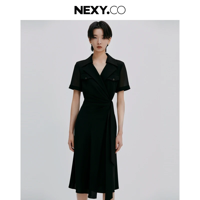 NEXY.CO/奈蔻连衣裙显瘦气质夏季黑色法式收腰赫本风XF05405W0