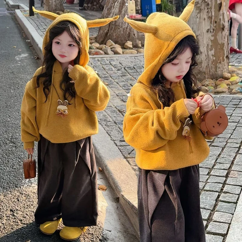 男女童毛衣套装2025新款可爱耳朵连帽针织衫宝宝阔腿裤两件套