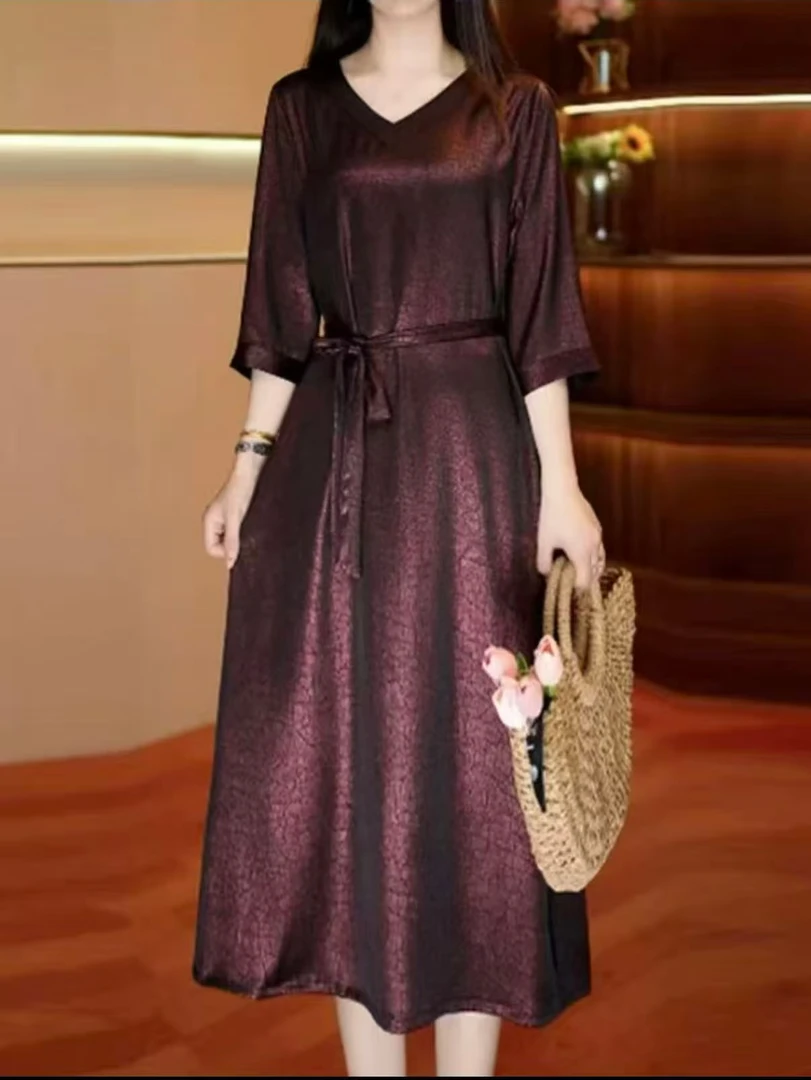 【安安】紫金重磅龟裂纹显瘦气质连衣裙时尚优雅修身裙国风百搭