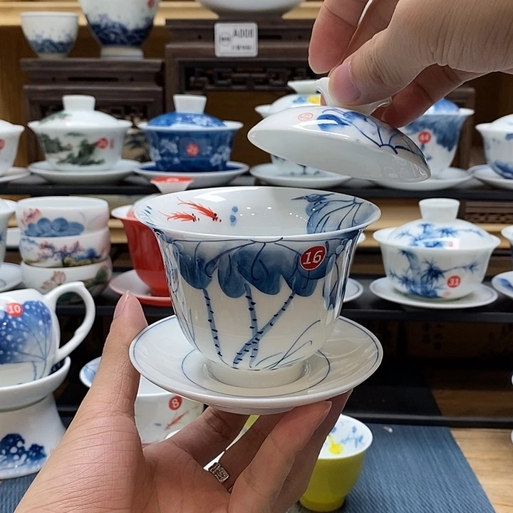 手绘内外绘荷花盖碗160cc釉下彩微瑕福利款