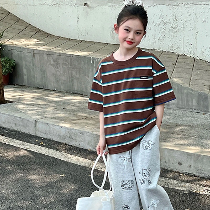 女童条纹短袖T恤2025夏季新款儿童圆领上衣洋气超好看小女孩夏装
