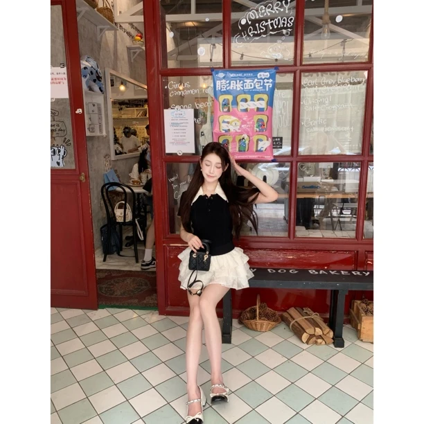 【梦梦服饰】夏季法式小香风撞色翻领甜美小衫+气质半裙