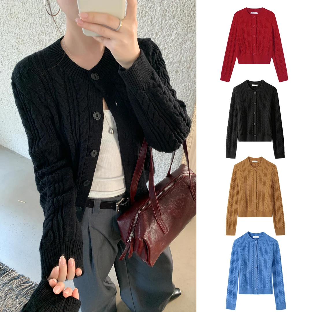 Manman Y4057自制绞花基础款针织衫秋冬本命年红色毛衣开衫女