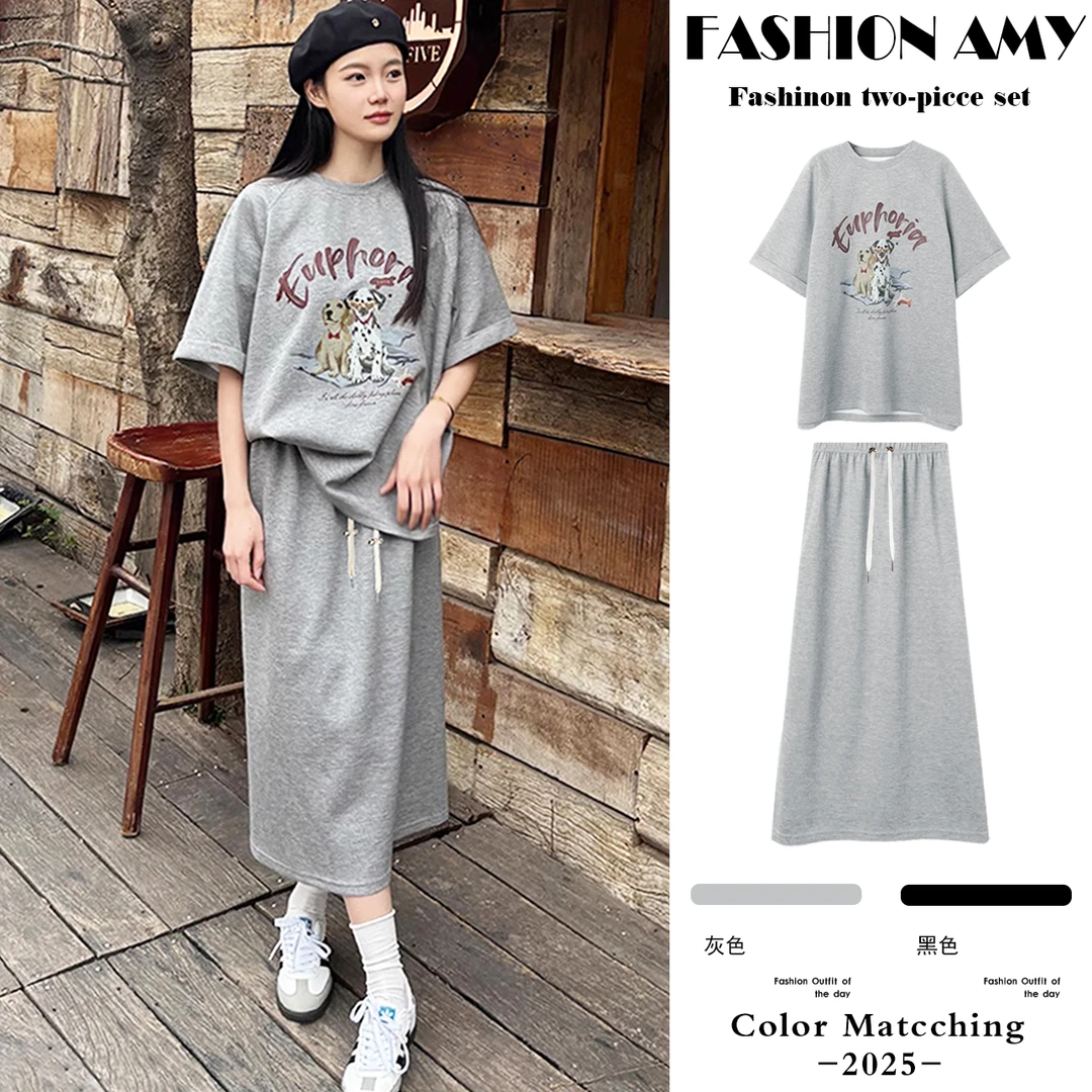 孕妇套装夏装新款时尚韩版宽松慵懒风休闲短袖小狗T恤显瘦半身裙1