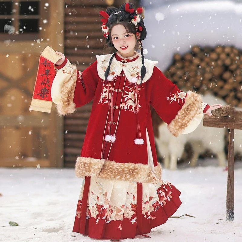 新年女童汉服拜年服中国风冬季唐装加绒加厚宝宝过年红色套装蛇年